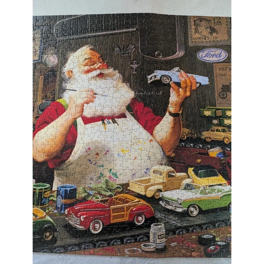 Cobble Hill Santa Painting Cars Jigsaw Puzzle 1000 Pcs Complete Tom Newsom